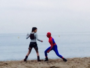 The normal workaday scene one sees in Cannes. Spiderman and Lara Croft fight it on the beach